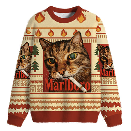 Uglysweatershops Funny Smoking Cat Fuzzy Christmas Ugly Sweatshirt