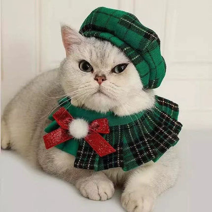 Uglysweatershops Green Tartan Pet Beret & Collar Christmas Set