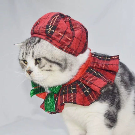 Uglysweatershops Red Plaid Pet Beret & Bow Bib Christmas Set