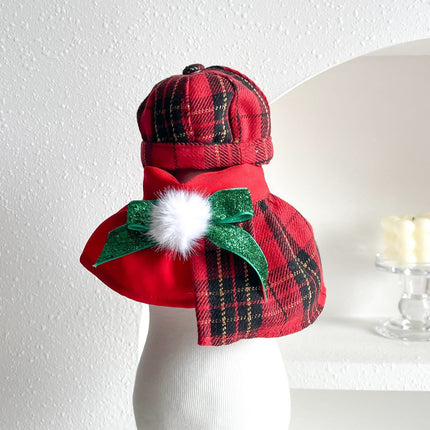 Uglysweatershops Red Plaid Pet Beret & Bow Bib Christmas Set