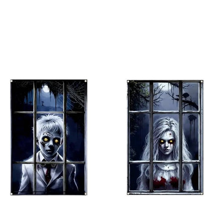 Uglysweatershops Halloween 2-Piece Horror Ghost Window Decoration Door Curtain