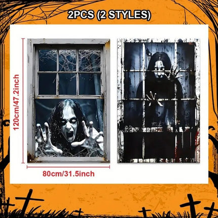 Uglysweatershops Halloween 2-Piece Horror Ghost Window Decoration Door Curtain