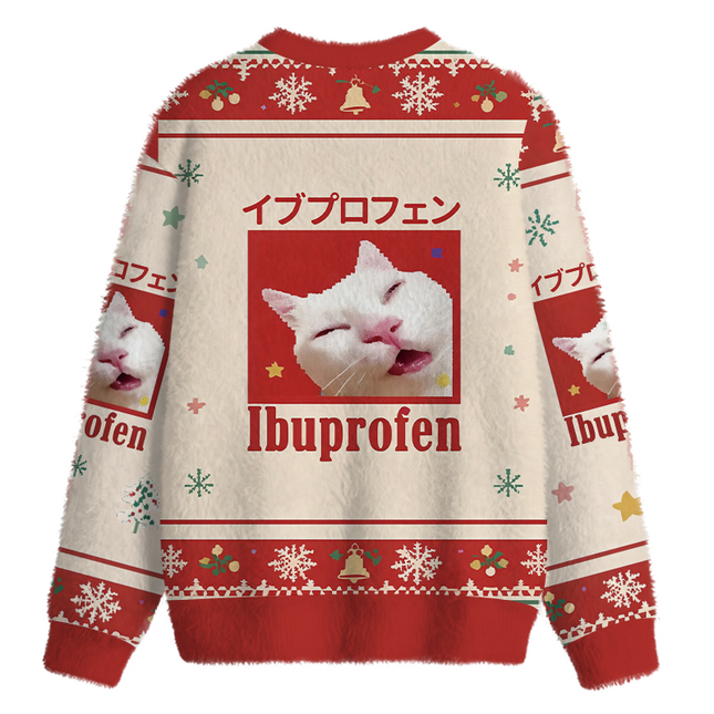Uglysweatershops Red Ibuprofen Meme Cat Fuzzy Christmas Ugly Sweatshirt
