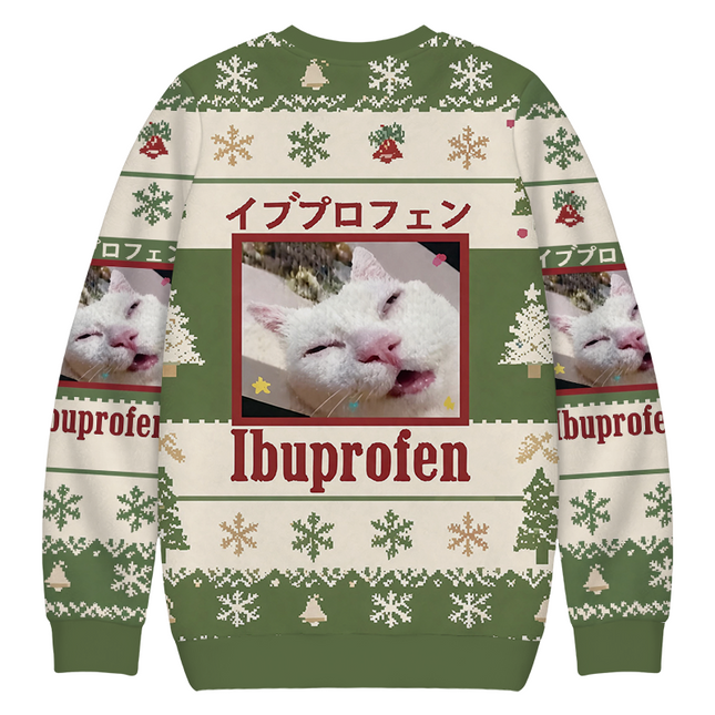 Uglysweatershops Green Ibuprofen Meme Cat Christmas Ugly Sweatshirt