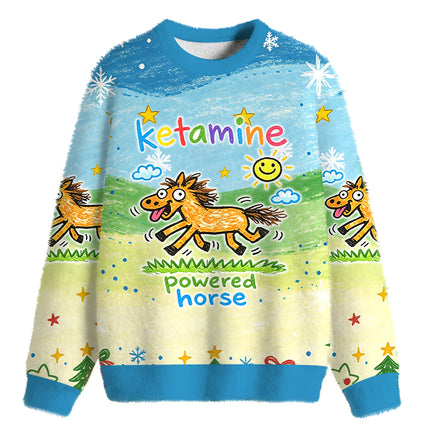 Uglysweatershops Powered Horse Fuzzy Christmas Ugly Sweatshirt