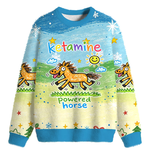 Uglysweatershops Powered Horse Fuzzy Christmas Ugly Sweatshirt