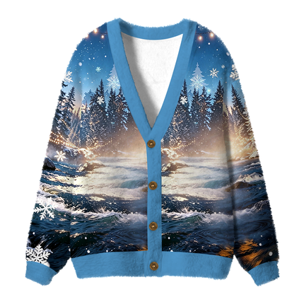 Uglysweatershops Rocky Mountain Water Fuzzy Ugly Cardigan Sweatshirt