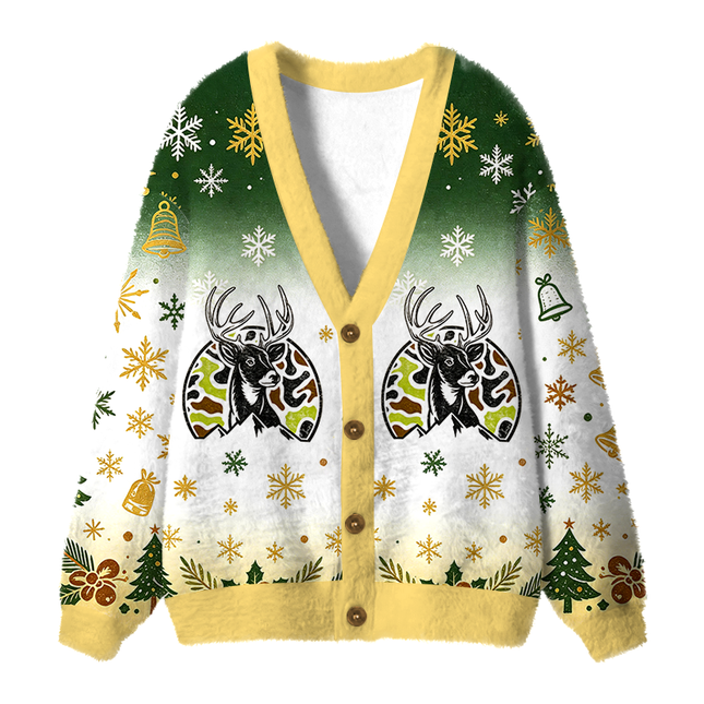 Uglysweatershops Deer Hunting Fuzzy Ugly Cardigan Sweatshirt