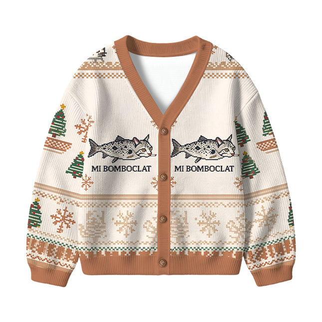 Uglysweatershops Bomboclat Fish Cat Meme Kids Ugly Cardigan Sweater