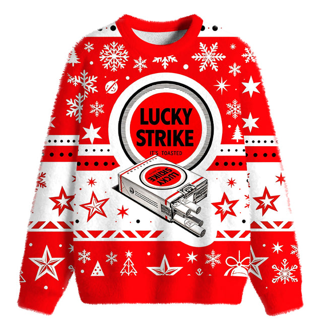 Uglysweatershops Retro Red Cigarettes Fuzzy Christmas Ugly Sweatshirt