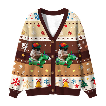 Uglysweatershops Pug Smoking Riding Horse Ugly Cardigan Sweater