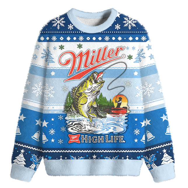 Uglysweatershops High Life Bass Fishing Fuzzy Christmas Ugly Sweatshirt