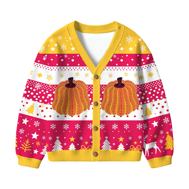 Uglysweatershops Art Golden Pumpkin Kids Ugly Cardigan Sweater