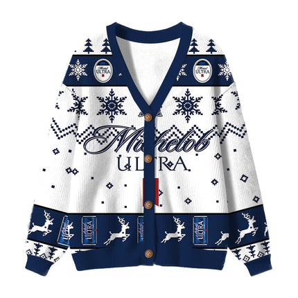 Uglysweatershops Blue White Snowflake Deer Ugly Cardigan Sweater
