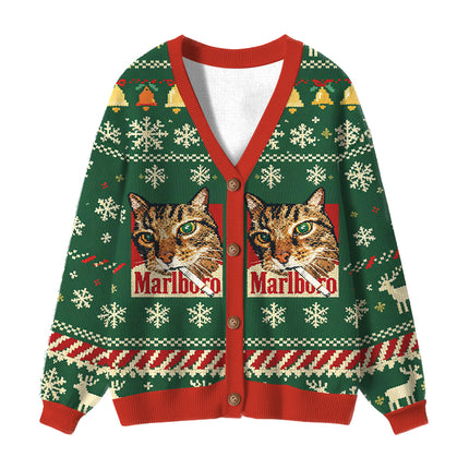 Uglysweatershops Funny Smoking Cat Green Ugly Cardigan Sweater