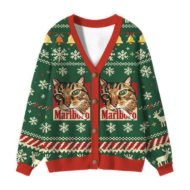 Uglysweatershops Funny Smoking Cat Green Ugly Cardigan Sweater
