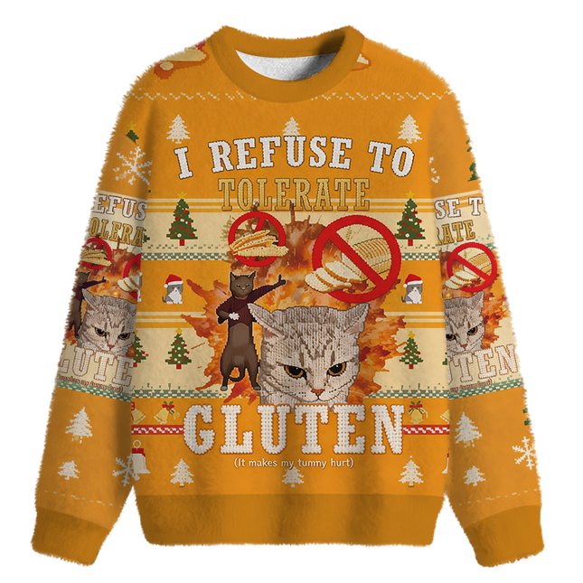 Uglysweatershops I Refuse to Tolerate Gluten Fuzzy Christmas Ugly Sweatshirt