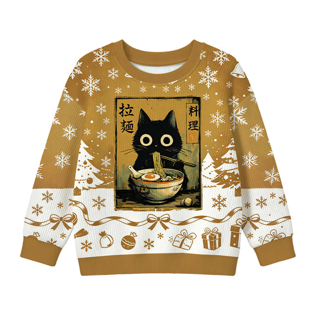 Uglysweatershops Cute Black Cat Eating Ramen Kids Ugly Sweater