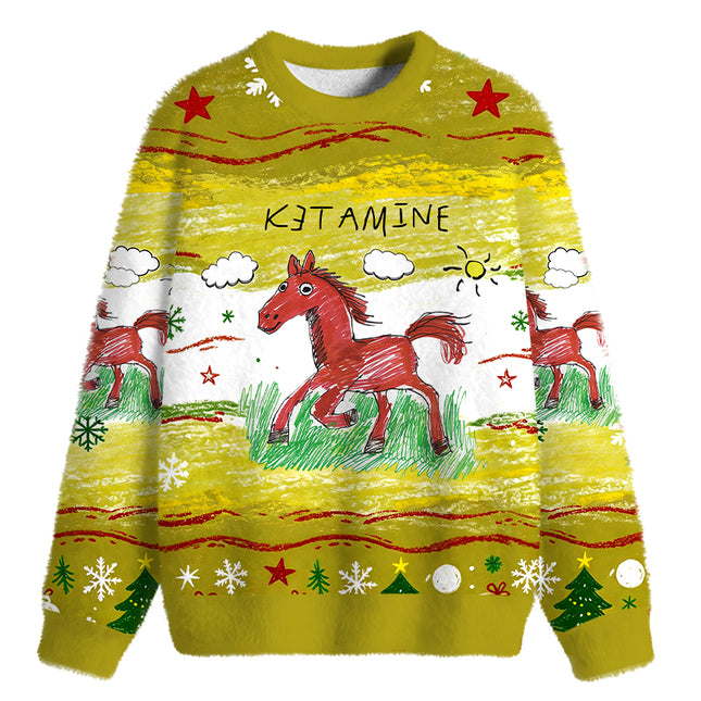 Uglysweatershops Red Horse Fuzzy Christmas Ugly Sweatshirt