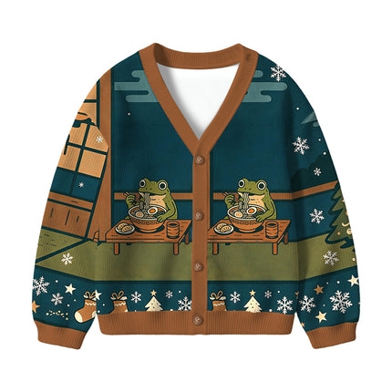 Uglysweatershops Japanese Frog Eating Ramen Kids Ugly Cardigan Sweater