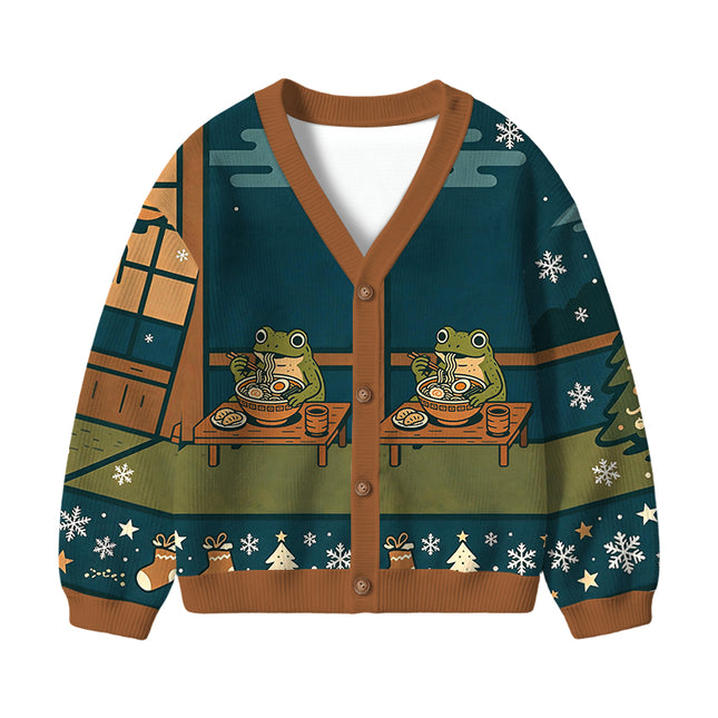 Uglysweatershops Japanese Frog Eating Ramen Kids Ugly Cardigan Sweater