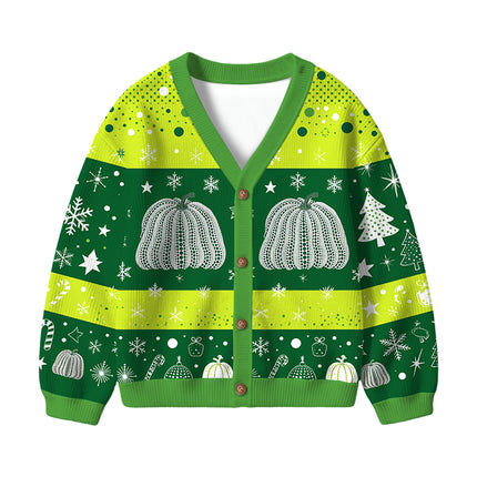 Uglysweatershops Art Green Pumpkin Vintage Kids Ugly Cardigan Sweater