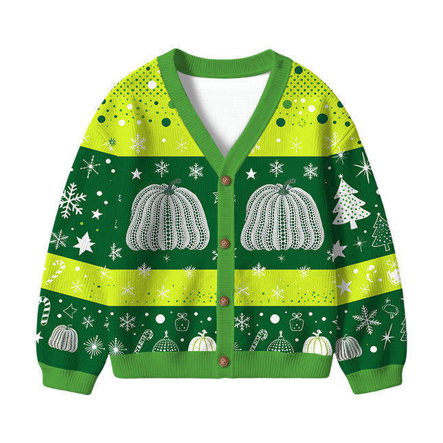 Uglysweatershops Art Green Pumpkin Vintage Kids Ugly Cardigan Sweater