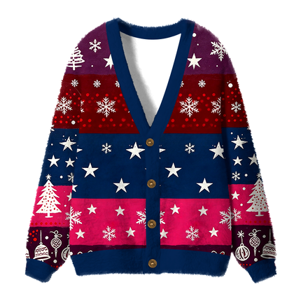 Uglysweatershops Primitive Chaos Abstract Face Fuzzy Ugly Cardigan Sweatshirt