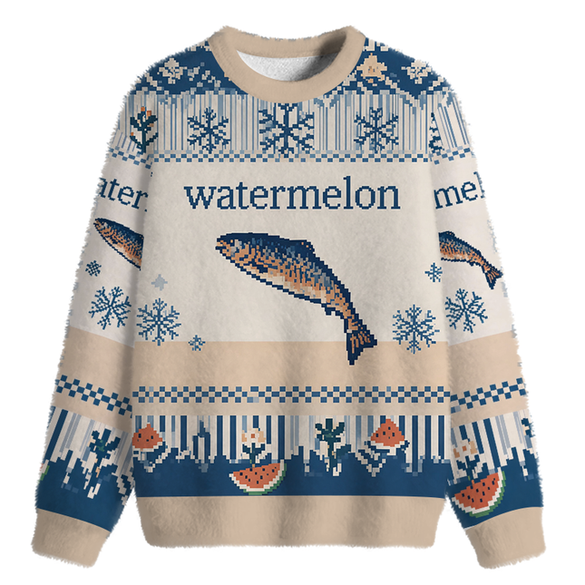 Uglysweatershops Watermelon Fish Fuzzy Christmas Ugly Sweatshirt