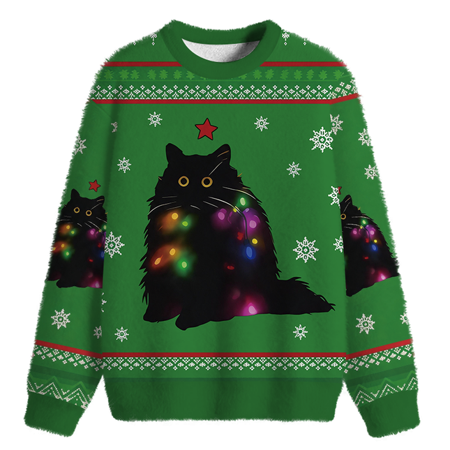 Uglysweatershops Lights Cat Green Fuzzy Christmas Ugly Sweatshirt
