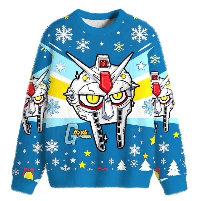 Uglysweatershops Retro Mecha Robot Head Fuzzy Christmas Ugly Sweatshirt