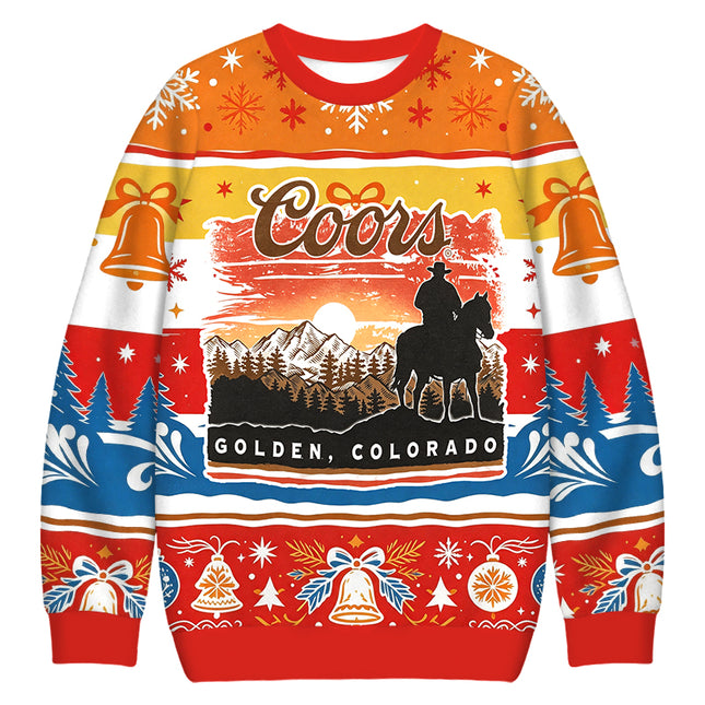 Uglysweatershops Vintage Western Cowboy Mountain Sunset Christmas Ugly Sweatshirt