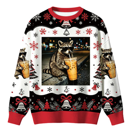Uglysweatershops Racoon with a Ice Coffee Christmas Ugly Sweater