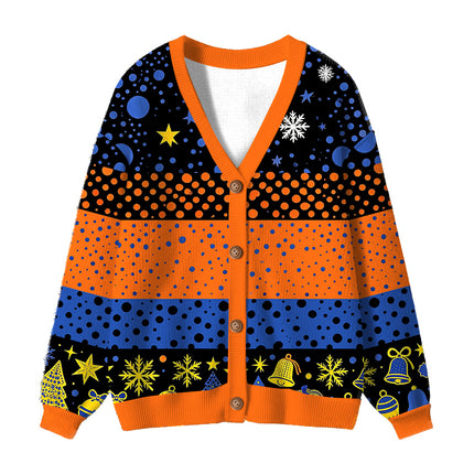 Uglysweatershops Art Navy Yellow Pumpkin Ugly Cardigan Sweater
