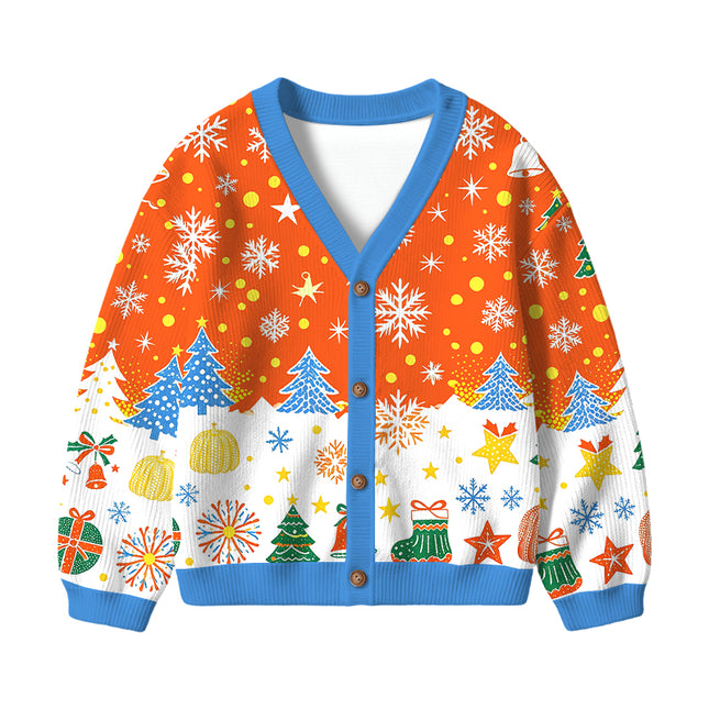 Uglysweatershops Blue Orange Pumpkin Kids Ugly Cardigan Sweater