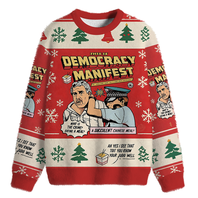 Uglysweatershops This is Democracy Fuzzy Christmas Ugly Sweatshirt