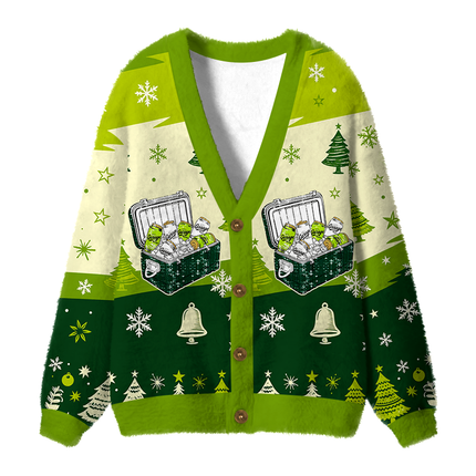 Uglysweatershops Vintage Cooler Box Fuzzy Ugly Cardigan Sweatshirt