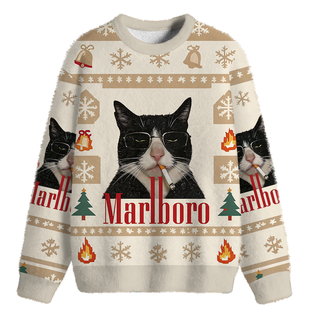 Uglysweatershops Smkong Black Cat Fuzzy Christmas Ugly Sweatshirt