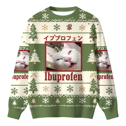 Uglysweatershops Green Ibuprofen Meme Cat Christmas Ugly Sweater