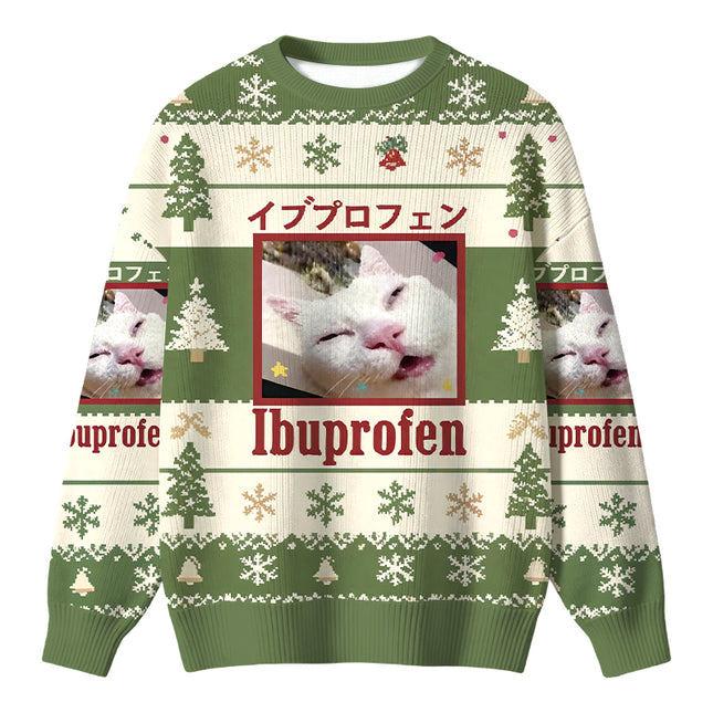 Uglysweatershops Green Ibuprofen Meme Cat Christmas Ugly Sweater