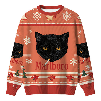 Uglysweatershops Smoking Black Cat Vintage Christmas Ugly Sweater