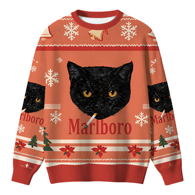 Uglysweatershops Smoking Black Cat Vintage Christmas Ugly Sweater