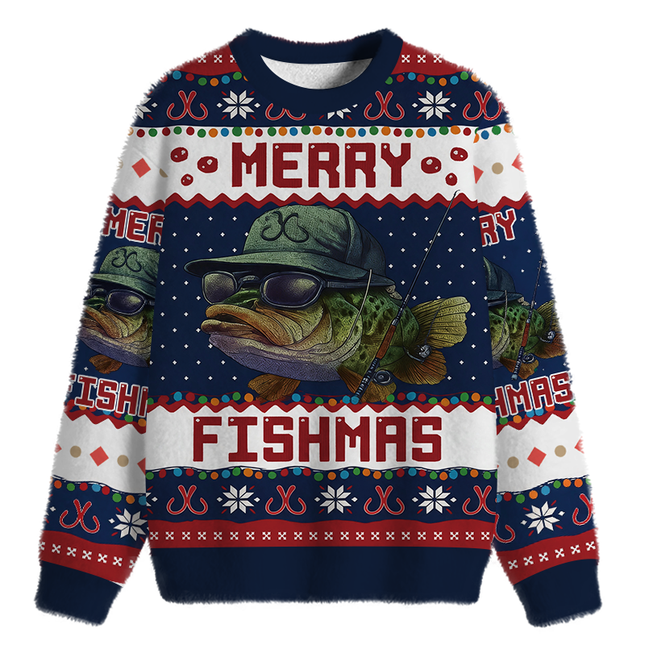Uglysweatershops Merry Fishmas Fuzzy Christmas Ugly Sweatshirt