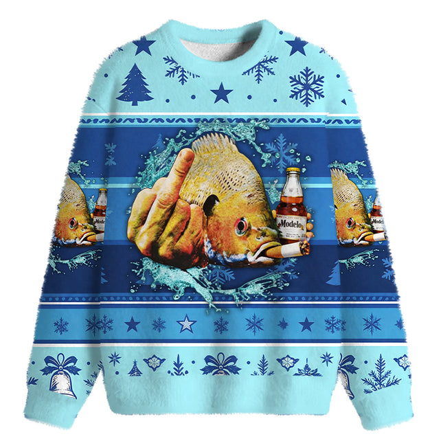 Uglysweatershops Vintage Freshwater Fish Fuzzy Christmas Ugly Sweatshirt