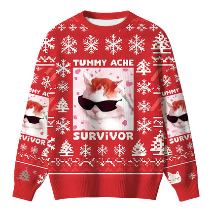 Uglysweatershops Tummy Ache Survivor Funny Cat Meme Christmas Ugly Sweater