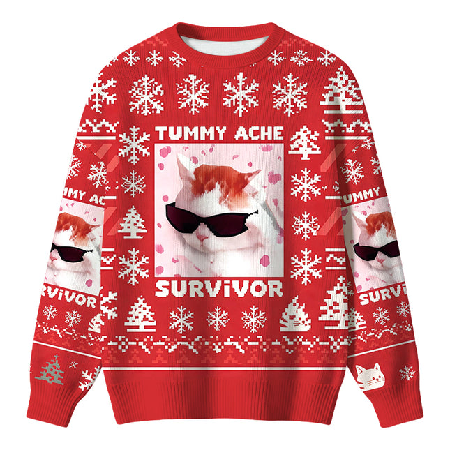 Uglysweatershops Tummy Ache Survivor Funny Cat Meme Christmas Ugly Sweater