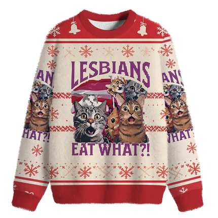 Uglysweatershops Red Lesbians Eat What Funny Fuzzy Christmas Ugly Sweatshirt