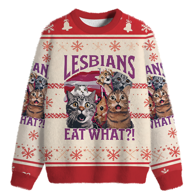 Uglysweatershops Red Lesbians Eat What Funny Fuzzy Christmas Ugly Sweatshirt
