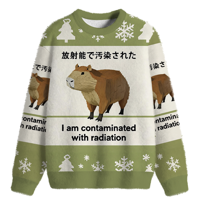 Uglysweatershops Green Capybara Contaminated By Radiation Fuzzy Christmas Ugly Sweatshirt