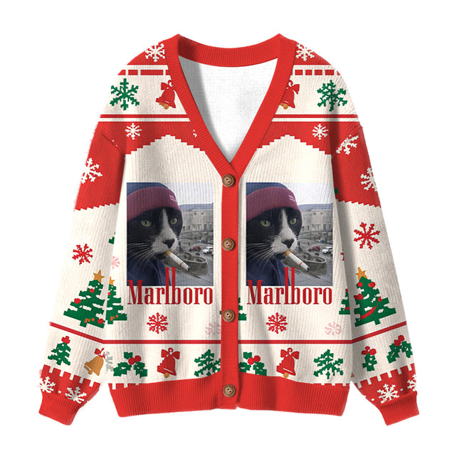 Uglysweatershops Red Smoking Cat Meme Ugly Cardigan Sweater